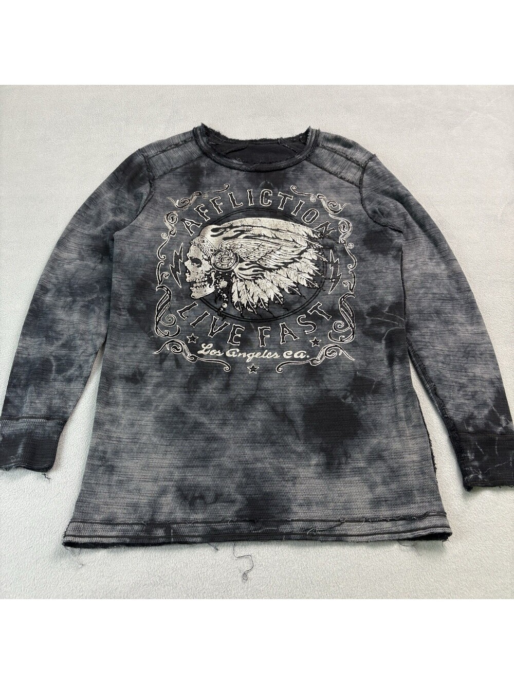 Vintage Y2K Affliction Live Fast Skull Thermal Long Sleeve Shirt Size XL Gray